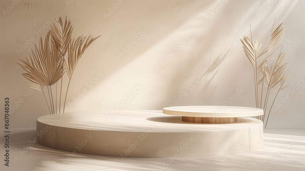 a minimalist product display, consisting of two oval platforms with sleek wooden tops and smooth, cream bases a minimalist product display, consisting of two oval platforms with sleek wooden tops and smooth, cream bases