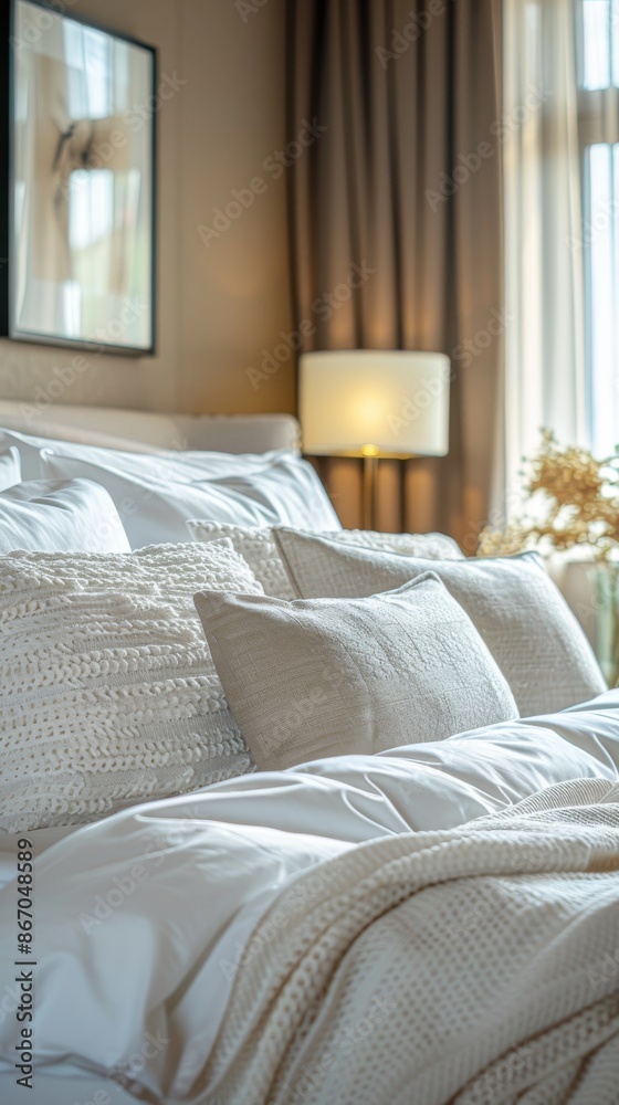 Obraz premium A large, comfortable bed with pillows awaits a guest in a hotel room, inviting relaxation and comfort.