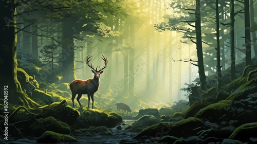 A beautiful painting of a deer standing in a lush green forest © Preeyanuch