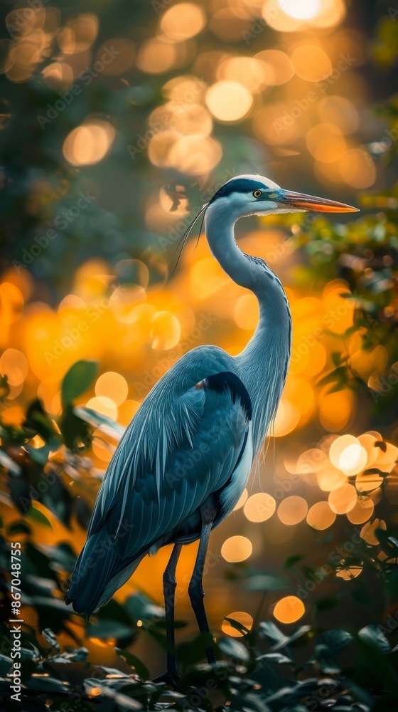 Fototapeta premium A blue heron posing for the camera against a backdrop of green and yellow bokeh.