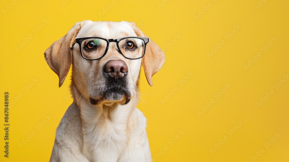 Portrait of a funny dog wearing glasses on a yellow background.