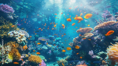 An underwater scene showcasing the vibrant colors and diverse life of a thriving coral reef ecosystem. Generative AI