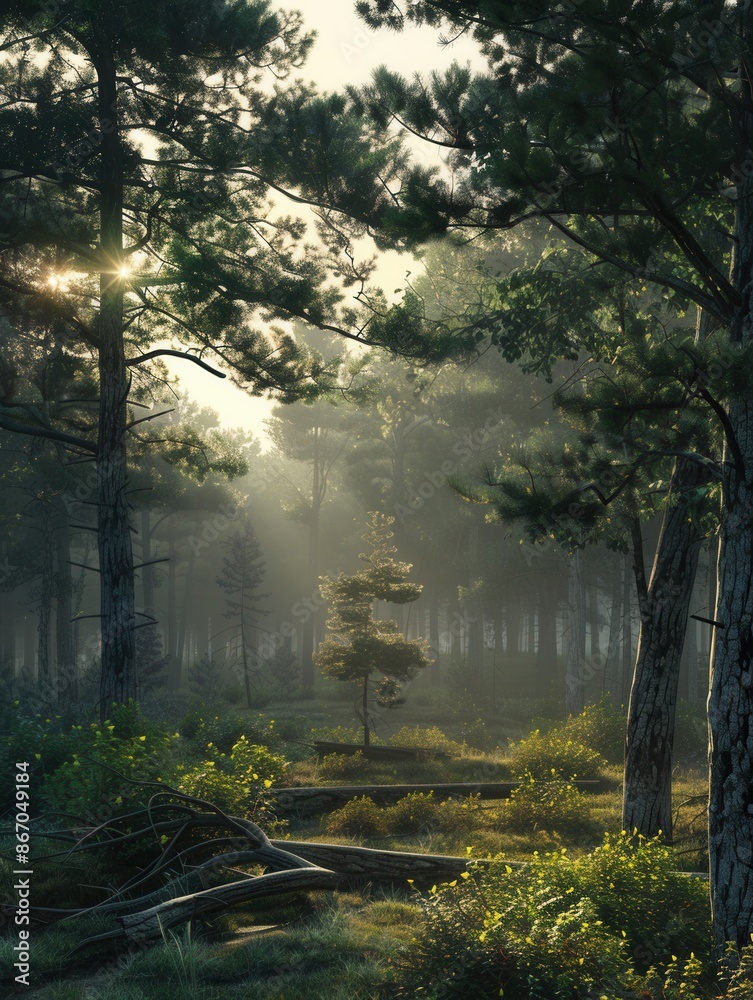 Obraz premium Serene and mystical forest landscape at dawn, with sunlight filtering through the trees and mist adding a magical touch. Generative AI