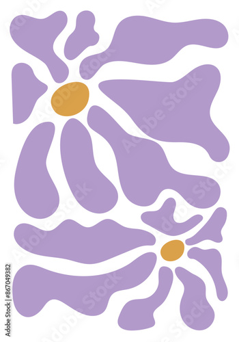 lavender flowers. Organic scribbles in purple color in trendy naive retro hippie style 60s 70s. Modern poster and background.
