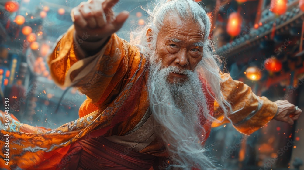 Fototapeta premium Elderly Warrior in Traditional Robes Performing Martial Arts - Generative AI
