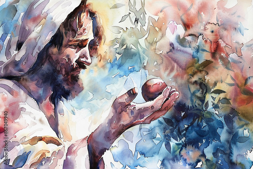 Jesus parable of the Mustard Seed. Watercolor painting illustration.