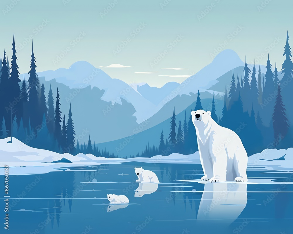 A beautiful winter landscape with a polar bear and her cubs playing on an icy lake surrounded by snow-covered mountains and pine trees. A beautiful winter landscape with a polar bear and her cubs playing on an icy lake surrounded by snow-covered mountains and pine trees.