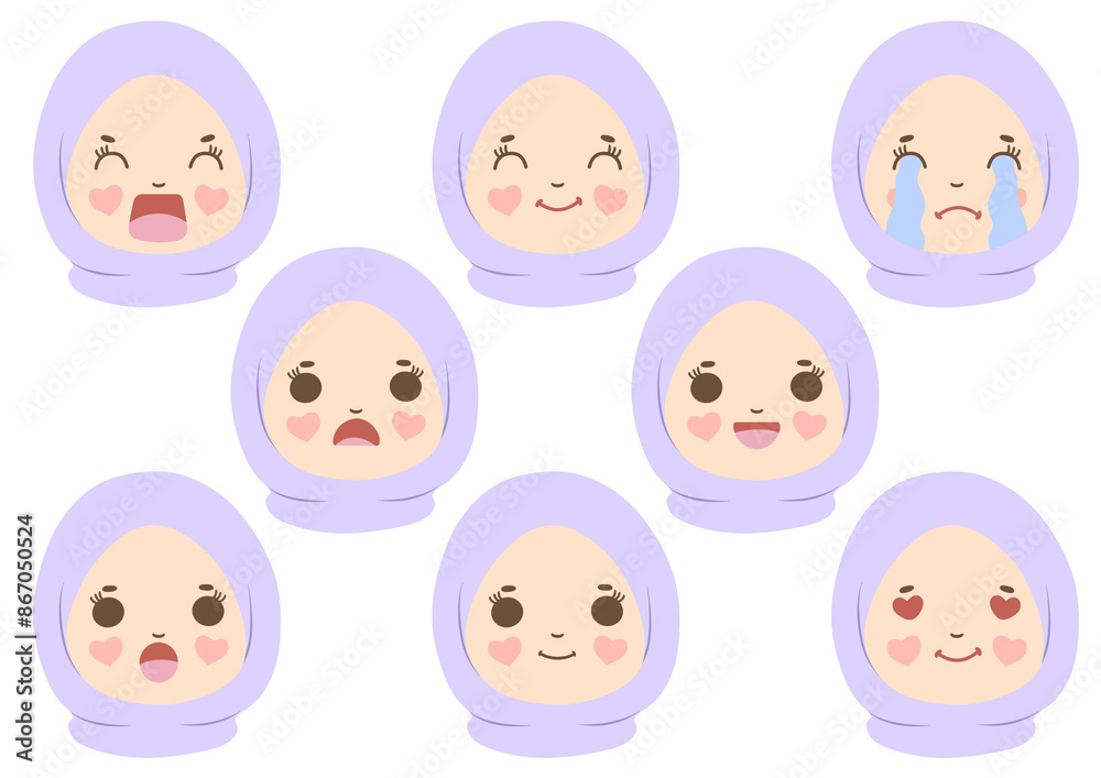 set of hijab girl emotion face illustration set of hijab girl emotion face illustration