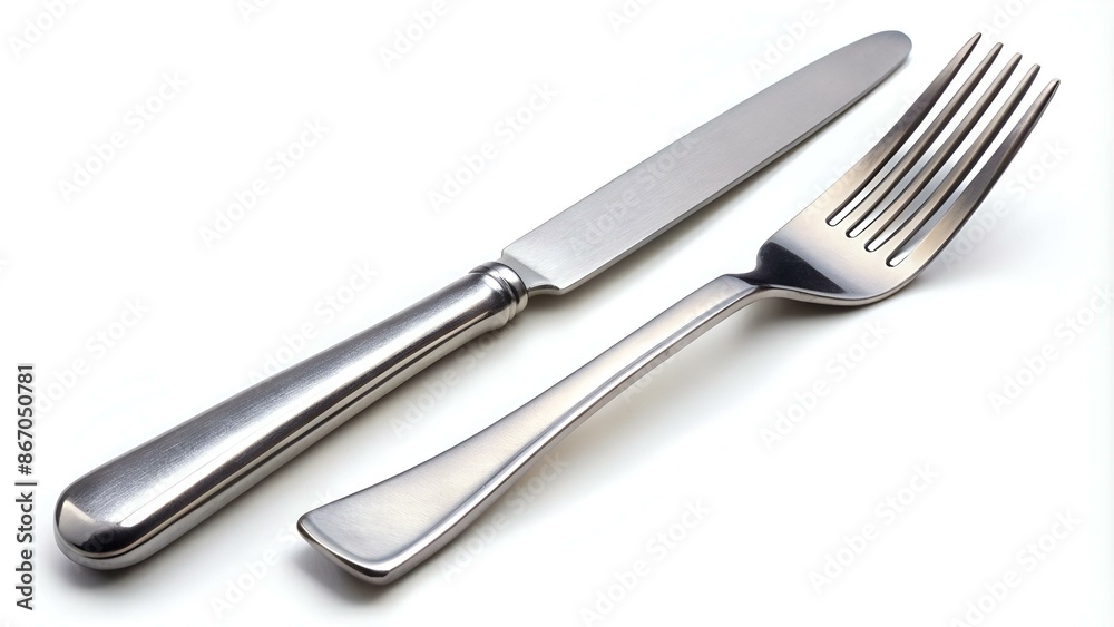 Silver matted metal knife and fork isolated on white background Silver matted metal knife and fork isolated on white background