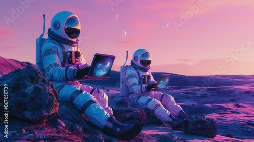 surreal space exploration astronauts in retrofuturistic spacesuits type on holographic laptops seated on moon rocks in vibrant alien desert landscape photo