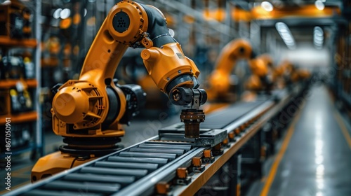 Advanced robots operating heavy machinery in a large warehouse