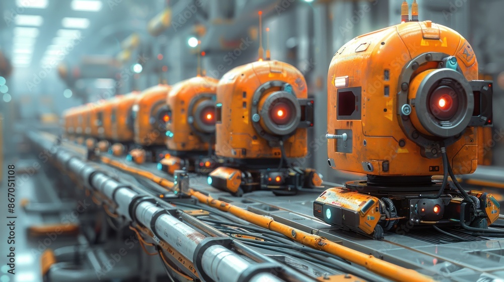A team of robots inspecting and maintaining factory equipment A team of robots inspecting and maintaining factory equipment
