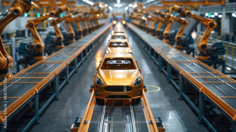 Robots assembling complex machinery in a heavy industry workshop