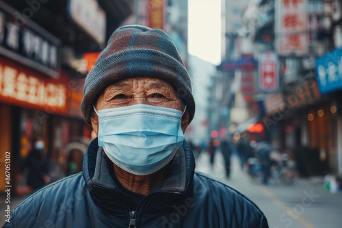 An elderly Chinese man wearing a face mask while walking on a city street.        © Uliana