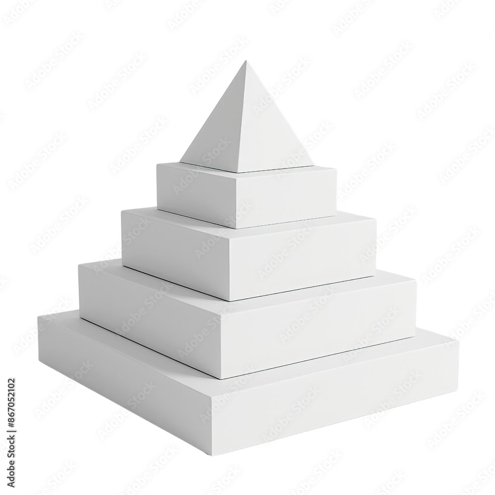 White 3D geometric pyramid with multiple layers. Ideal for educational, design, architecture, and creative concepts.