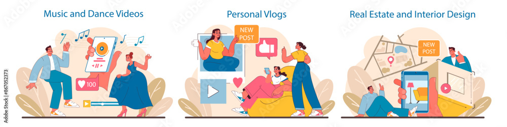 Fototapeta premium Social Media Content set. Diverse online engagement activities.