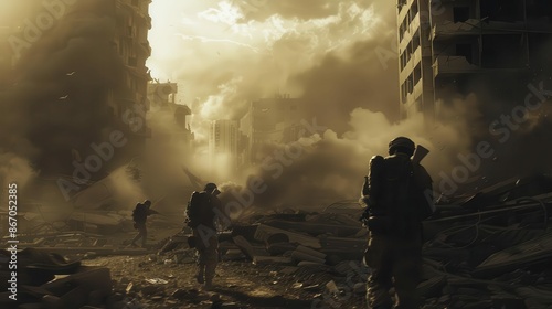 urban warfare scene soldiers navigating a wartorn cityscape smoke billowing from buildings intense lighting and shadows creating a tense atmosphere photo