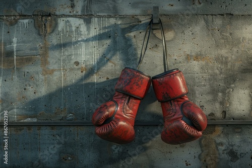 Pair of worn red leather boxing gloves is hanging on an old concrete wall © ylivdesign