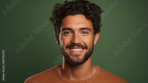 A confident male model customer, his warm smile and friendly demeanor captured in a headshot portrait against a solid sage green background