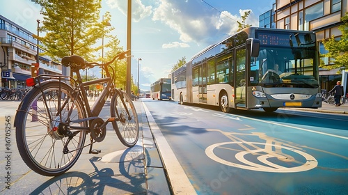 Sustainable Urban Mobility Concept - Electric Buses, Bike Lanes, and Green Transport Symbol photo