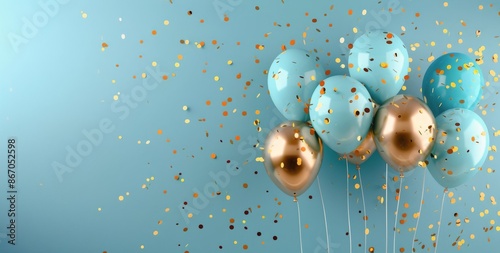 Blue and Gold Balloons Floating in Confetti