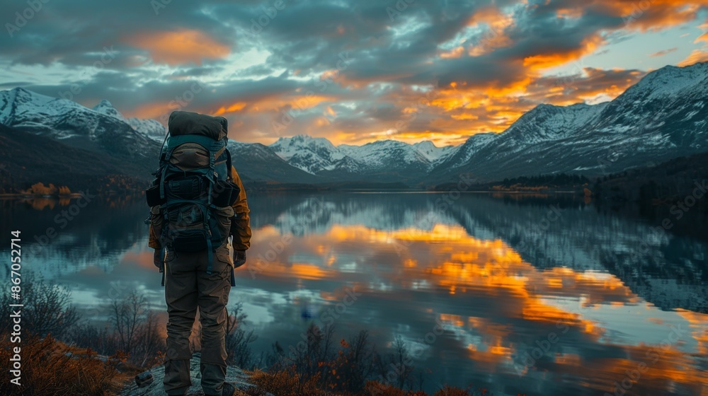 Obraz premium Backpacker admiring sunset over serene mountain lake - Generative AI