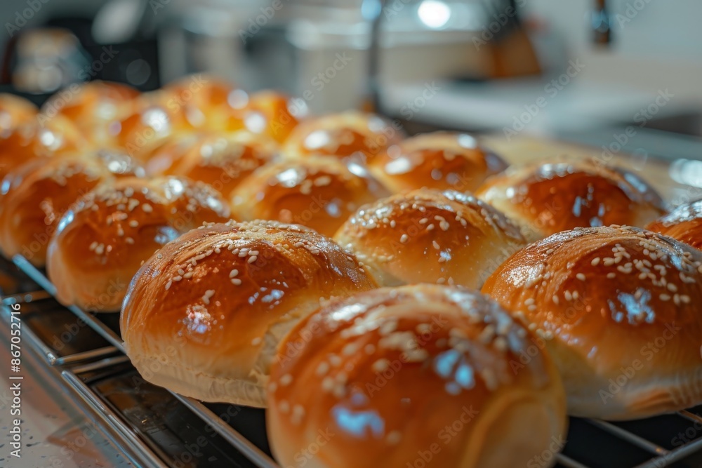 Warm buns cooling on a baking sheet, just baked and ready to savor Warm buns cooling on a baking sheet, just baked and ready to savor