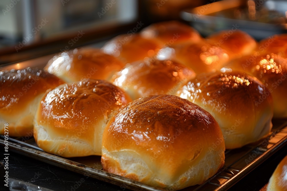 Warm buns cooling on a baking sheet, just baked and ready to savor Warm buns cooling on a baking sheet, just baked and ready to savor
