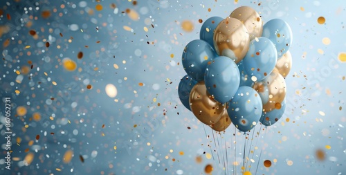 Blue and Gold Balloons Floating in Confetti