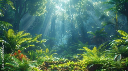 Sunlight filters through lush, green foliage in a serene, vibrant rainforest, creating a tranquil and mesmerizing natural landscape.