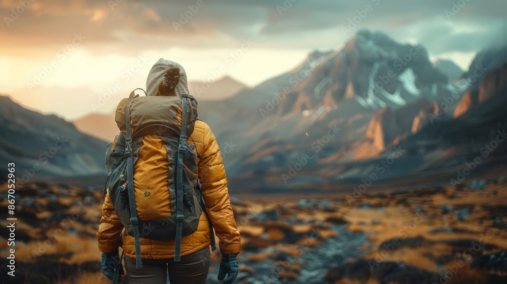 Hiker in Stunning Mountain Landscape at Sunset - Generative AI Hiker in Stunning Mountain Landscape at Sunset - Generative AI
