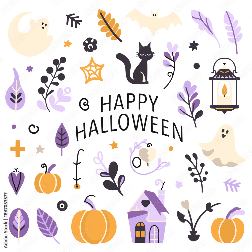 Fototapeta premium Halloween seamless design with ghost, skull, pumpkin, hat, plants, leaves, house, bat. Vector illustration, set, set of elements