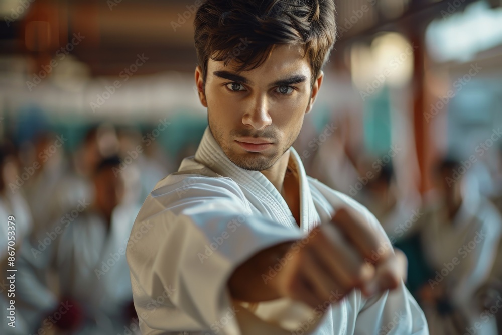 Fototapeta premium A martial arts master preparing for a match. A man in a concentrated pose. The concept of karate, judo