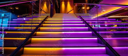 Modern glass staircase illuminated by vibrant purple and yellow RGB lights, creating a chic and trendy look.