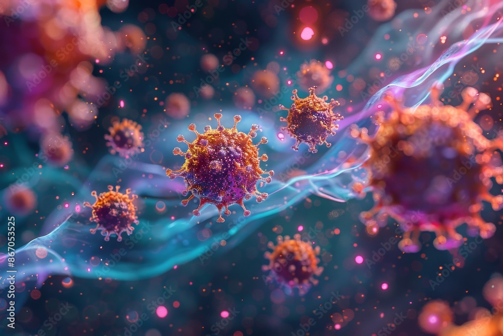 Close-up view of viral particles attaching to and penetrating cells. Close-up view of viral particles attaching to and penetrating cells.