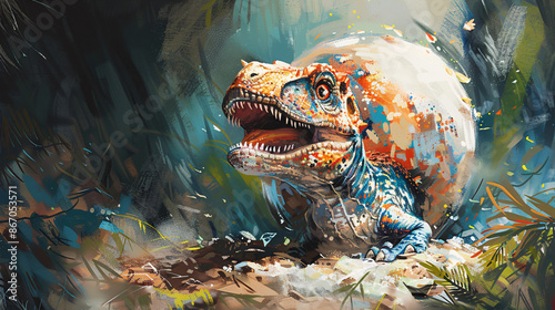 Fototapeta Naklejka Na Ścianę i Meble -  Abstract and colorful illustration of dinosaurs and their bones, creating a vibrant pattern on a white background