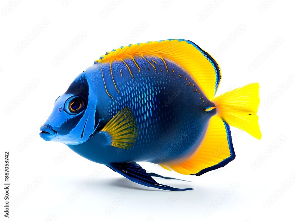 Exotic Blue Tang Fish with Bold Colors on White Background Exotic Blue Tang Fish with Bold Colors on White Background