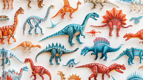 Fototapeta Naklejka Na Ścianę i Meble -  Abstract and colorful illustration of dinosaurs and their bones, creating a vibrant pattern on a white background