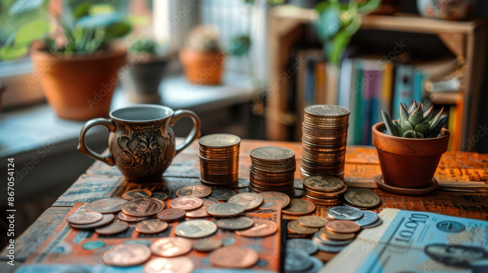 Stacks of coins and dollar bills on a table, symbolizing savings, finance, and investment. Stacks of coins and dollar bills on a table, symbolizing savings, finance, and investment.