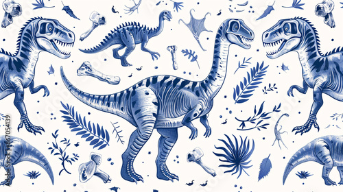 Fototapeta Naklejka Na Ścianę i Meble -  Abstract vector sketch of dinosaurs and their bones, creating a prehistoric pattern on a white background