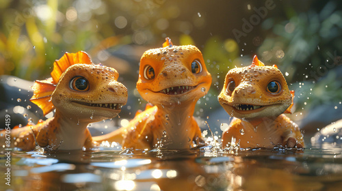 Fototapeta Naklejka Na Ścianę i Meble -  Adorable baby dinosaurs splashing in a pool, surrounded by water toys and rubber rings