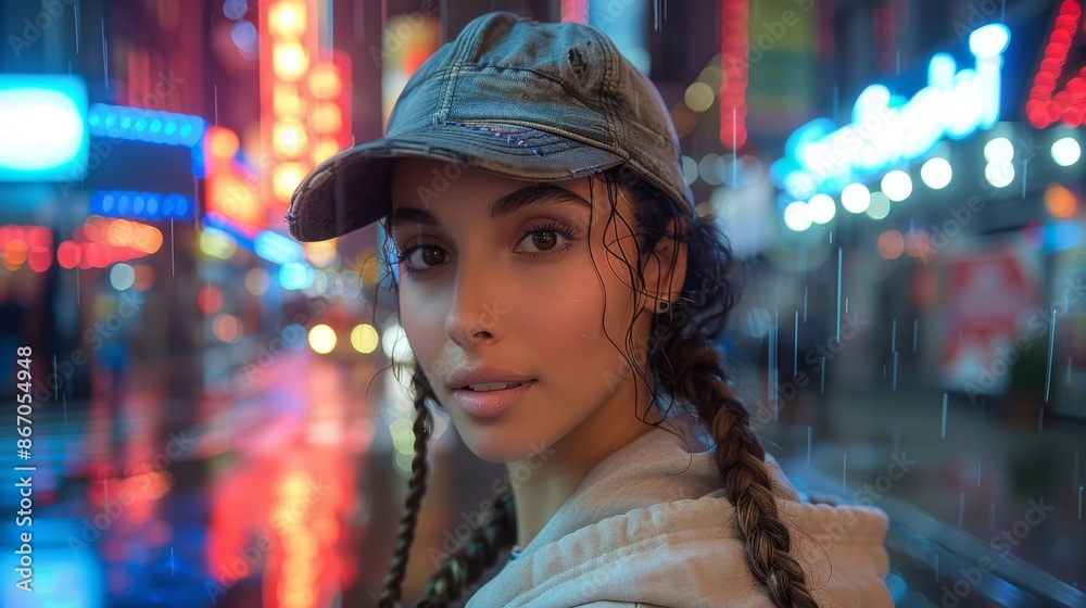 Portrait of a Woman in a Rainy Neon-lit City - Generative AI Portrait of a Woman in a Rainy Neon-lit City - Generative AI