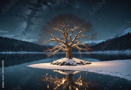 Lone Tree with Lights on Snowy Island Reflected in Lake