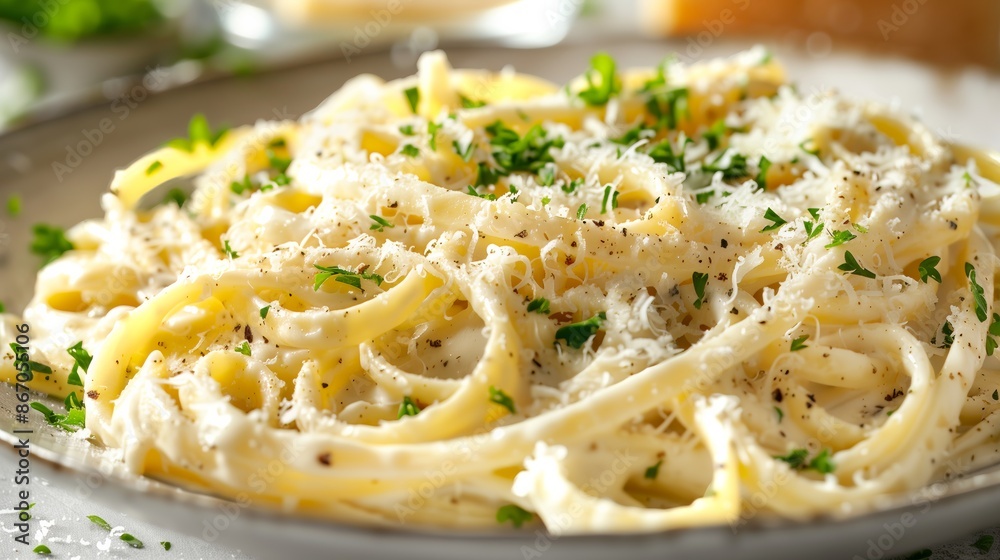 Close-Up of Fettuccine Alfredo with Creamy Sauce and Parmesan Close-Up of Fettuccine Alfredo with Creamy Sauce and Parmesan