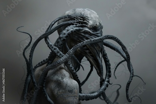 Alien-like creature with tentacles covering its face in an eerie scene