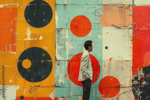 Horizontal Trendy Vintage Halftone Collage Art Print with Man