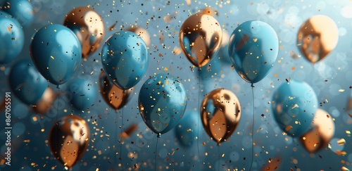 Blue And Gold Balloons Floating In Confetti