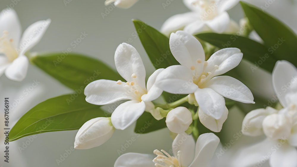 Obraz premium Delicate white blossoms unfurl with vibrant green leaves, evoking springtime freshness and natural beauty.