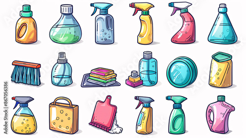 Cartoon-style icons of household cleaning supplies including soap, spray bottle, and dustpan, isolated on white