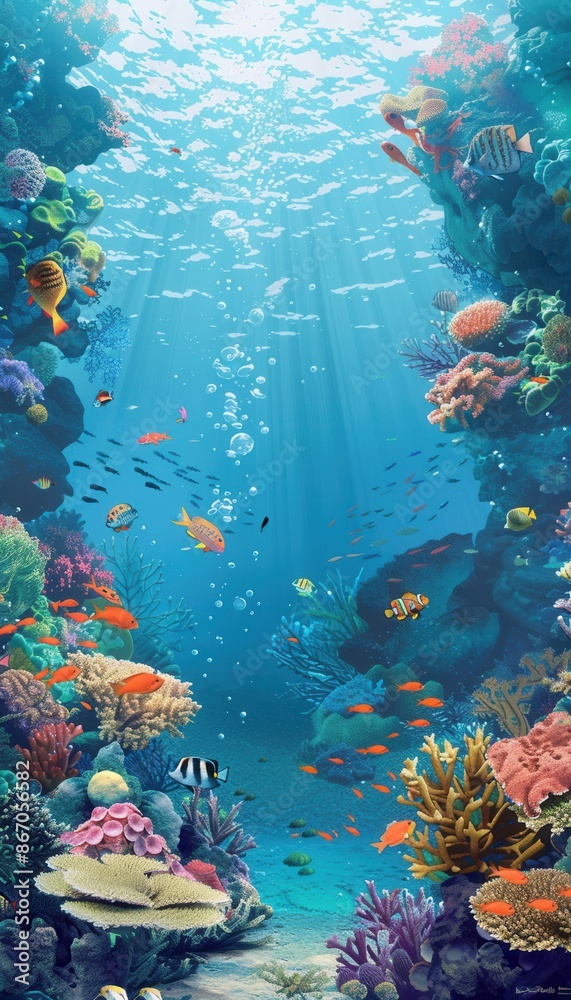 Fototapeta premium A stunning underwater scene featuring a vibrant coral reef teeming with colorful fish and sea creatures. Perfect for diving centers and marine aquariums. Generative AI